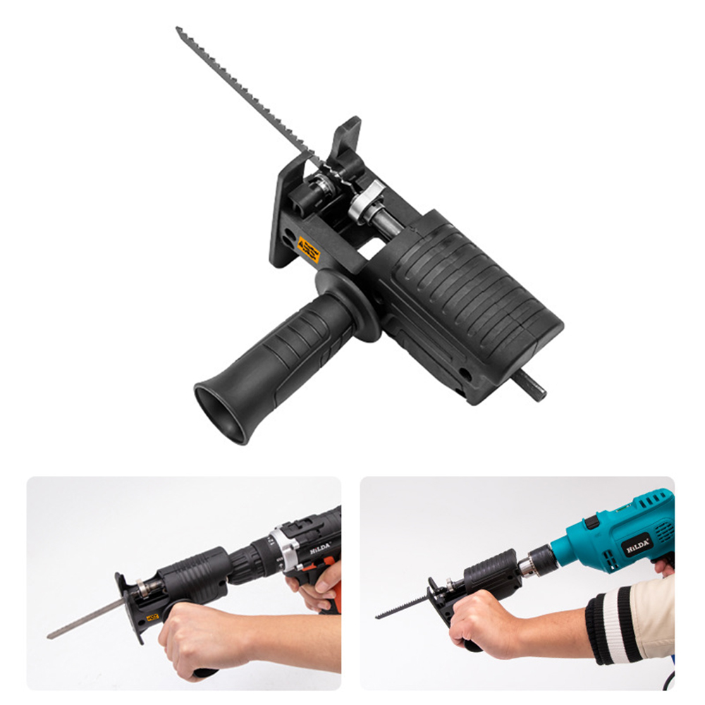 Reciprocating Saw Attachment Drill - อะแดปเตอร์เลื่อยลูกสูบแบบพกพา อุปกรณ์เสริมสำหรับดัดแปลงสว่านไฟฟ้าอเนกประสงค์ พร้อมด้ามจับตามหลักสรีรศาสตร์ ใบเลื่อย 3 ใบ