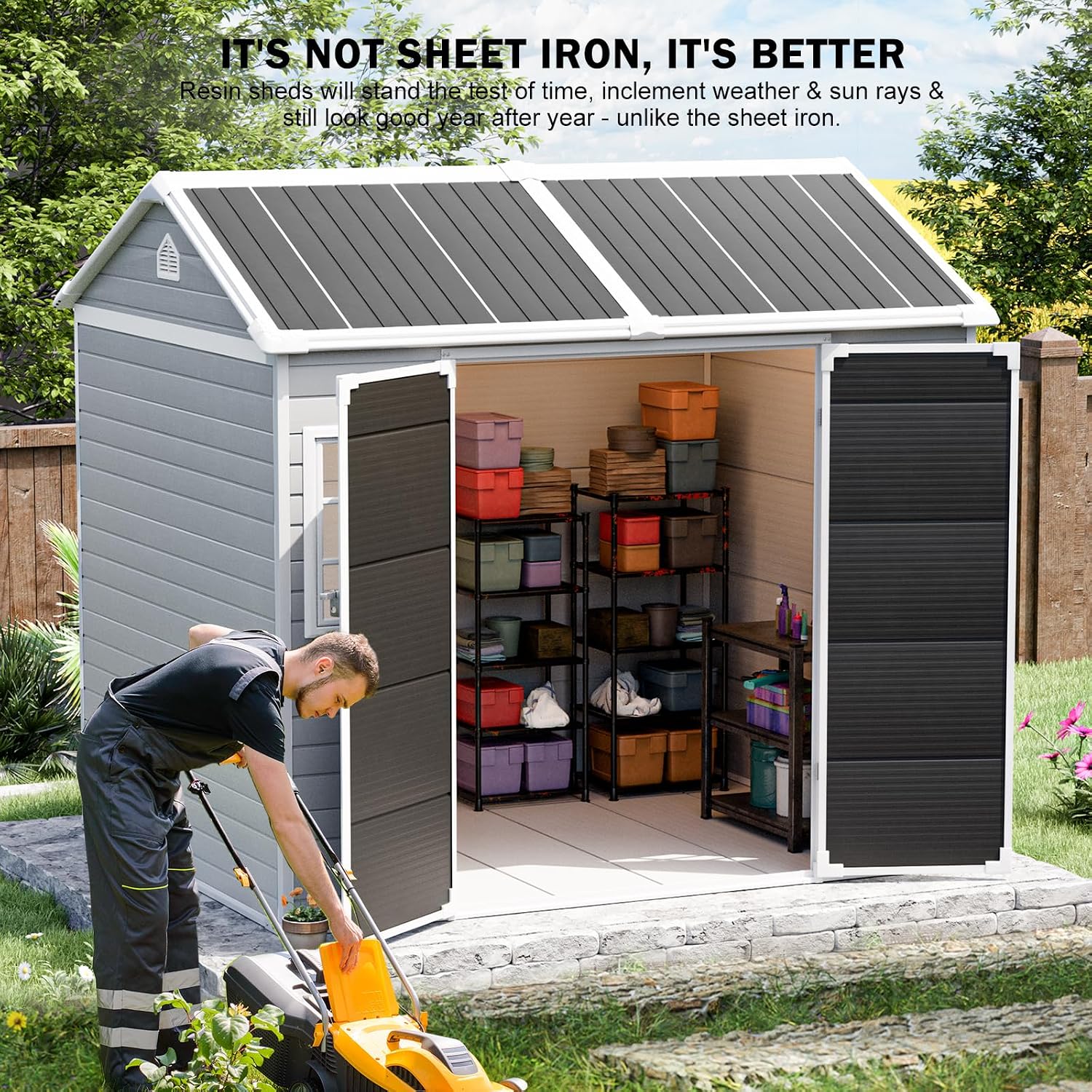 Garden Tools - โรงเก็บของเรซินพร้อมพื้นและหน้าต่างเปิดได้, บ้านเก็บเครื่องมือทำสวนกลางแจ้ง ขนาด 8x6 ฟุต, ปรับแต่งได้