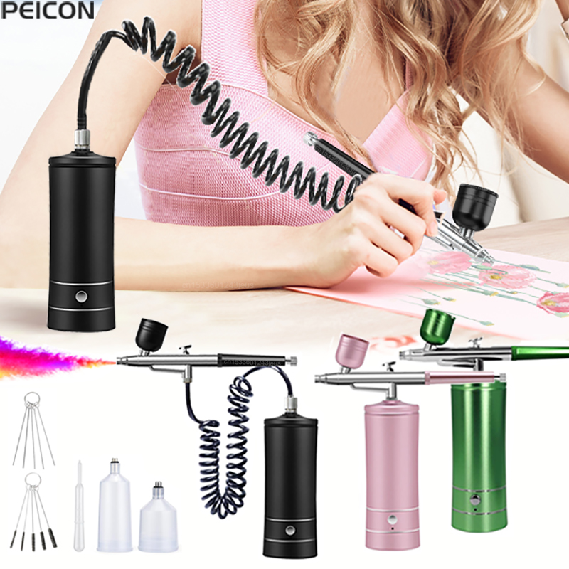 Airbrush Kit With Mini Compressor - แอร์บรัชจิตรกรรมแอร์บรัชพร้อมคอมเพรสเซอร์ปืนสเปรย์ขนาดเล็กสําหรับการสร้างแบบจําลองสีสเปรย์พู่กันแบบพกพาชุดพร้อมคอมเพรสเซอร์