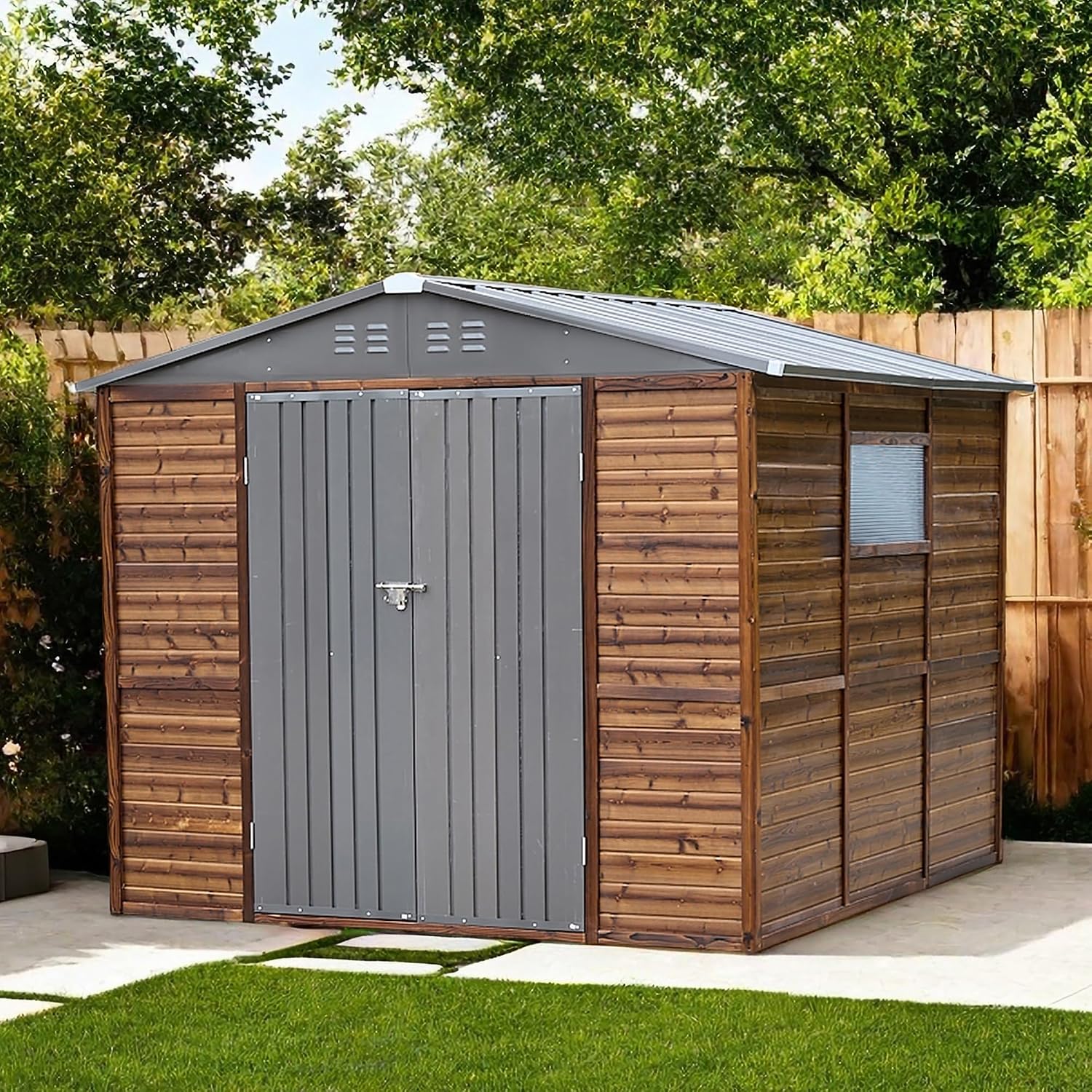 Garden Tools - โรงเก็บของกลางแจ้งขนาด 8x8 ฟุต ทำจากไม้และโลหะ กันน้ำ พร้อมหน้าต่างและช่องระบายอากาศ