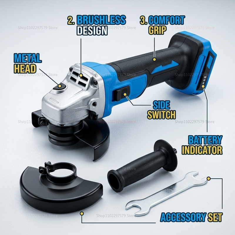 Brushless Angle Grinder Battery Powered - เครื่องเจียรไร้สายแบบไร้แปรงถ่าน 18V ใช้แบตเตอรี่ได้ เหมาะสำหรับตัดโลหะ เจียร ขัดเงา