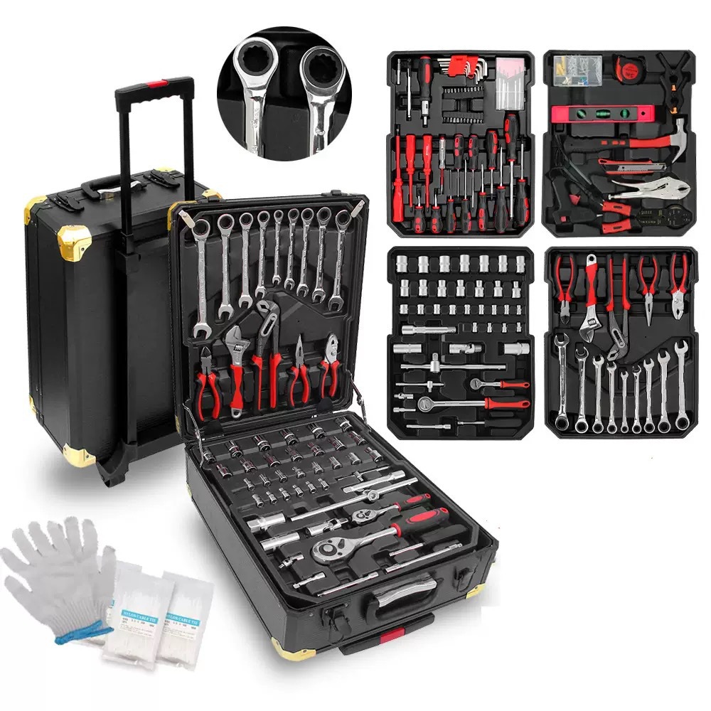 Hardware - ชุดเครื่องมือซ่อมแซมฮาร์ดแวร์เหล็กโครเมียมวาเนเดียม 399 ชิ้น พร้อมประแจคู่ขนาดใหญ่ กล่องเครื่องมือสีดำสำหรับร้านซ่อมรถยนต์