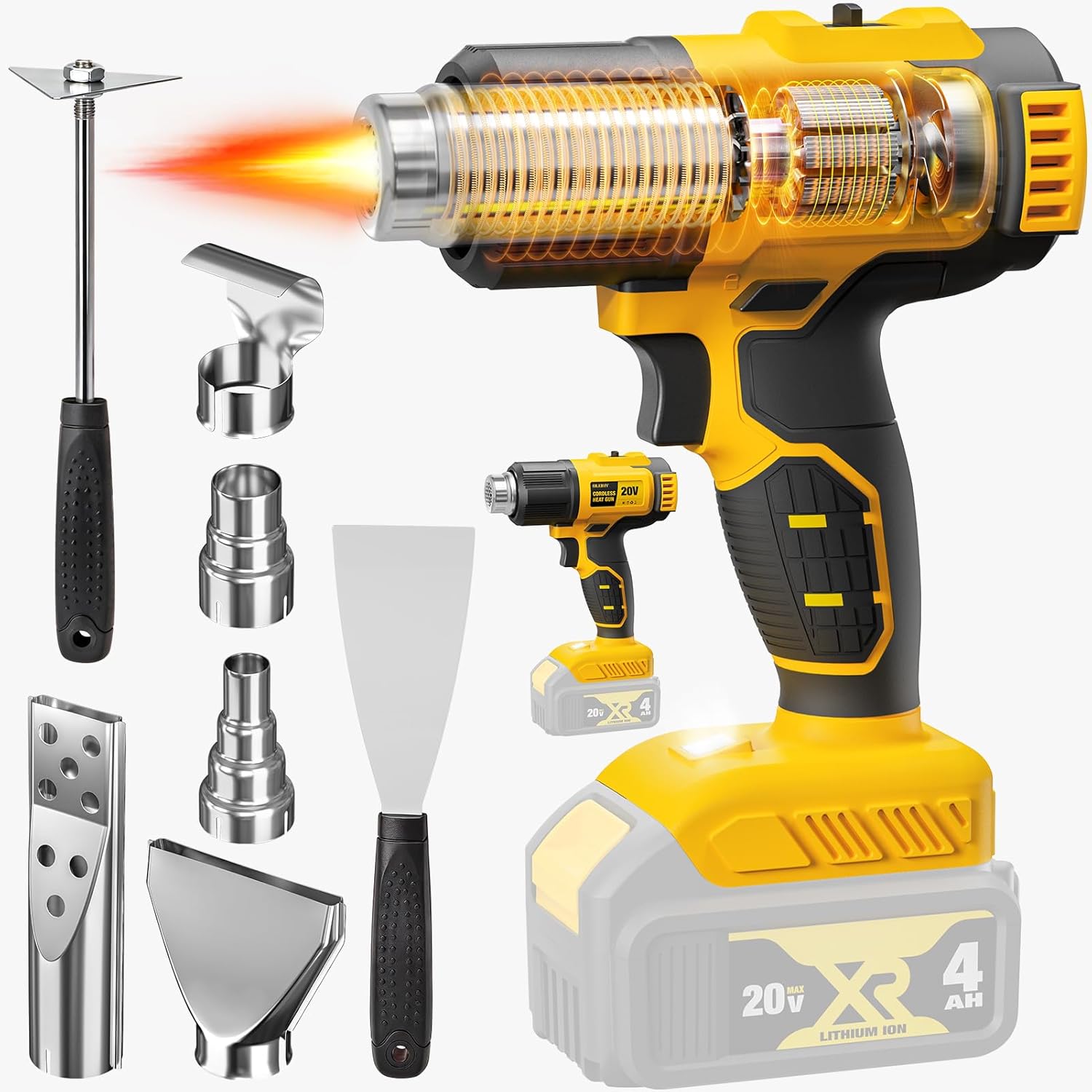 Cordless Heat Gun For Shrink Tubing - ปืนเป่าลมร้อนไร้สาย ใช้ได้กับแบตเตอรี่ 20V พร้อมหัวฉีด 7 แบบ