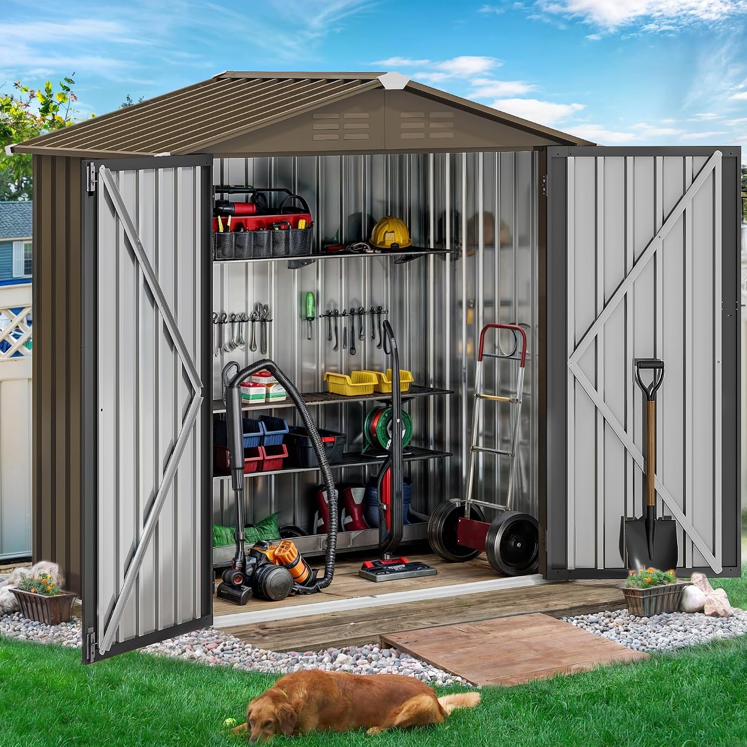 โรงเก็บของกลางแจ้งโลหะขนาด 6x4 - Garden Tools บทวิจารณ์และราคา