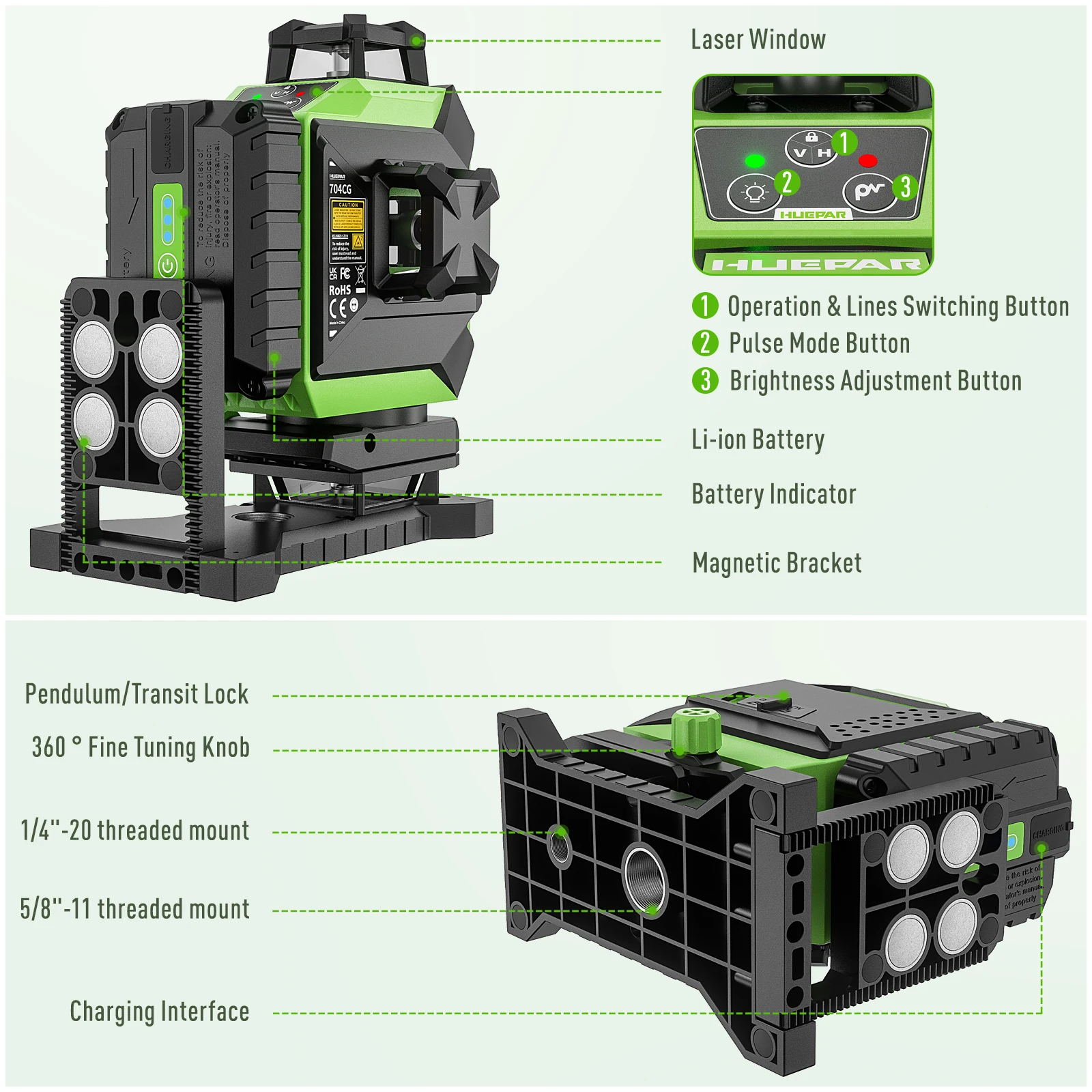 เครื่องมือเลเซอร์ Huepar 704CG - Laser Level 16 Lines 4D Green บทวิจารณ์และราคา